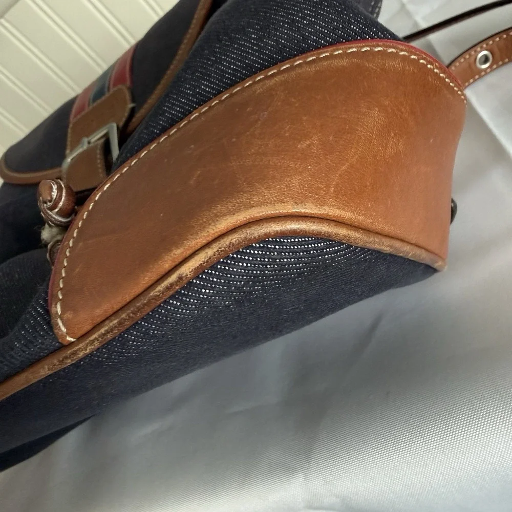 Vintage Coach Denim Blue Chambray Red Brown Leather Trim Backpack Purse 2004